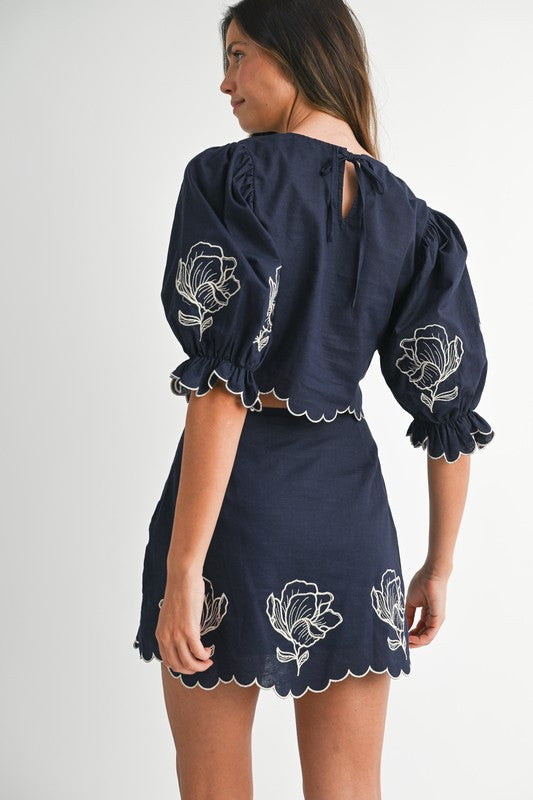 Navy Embroidered Crop Top & Mini Skirt Set from Southern Sunday Boutique in Naples, FL