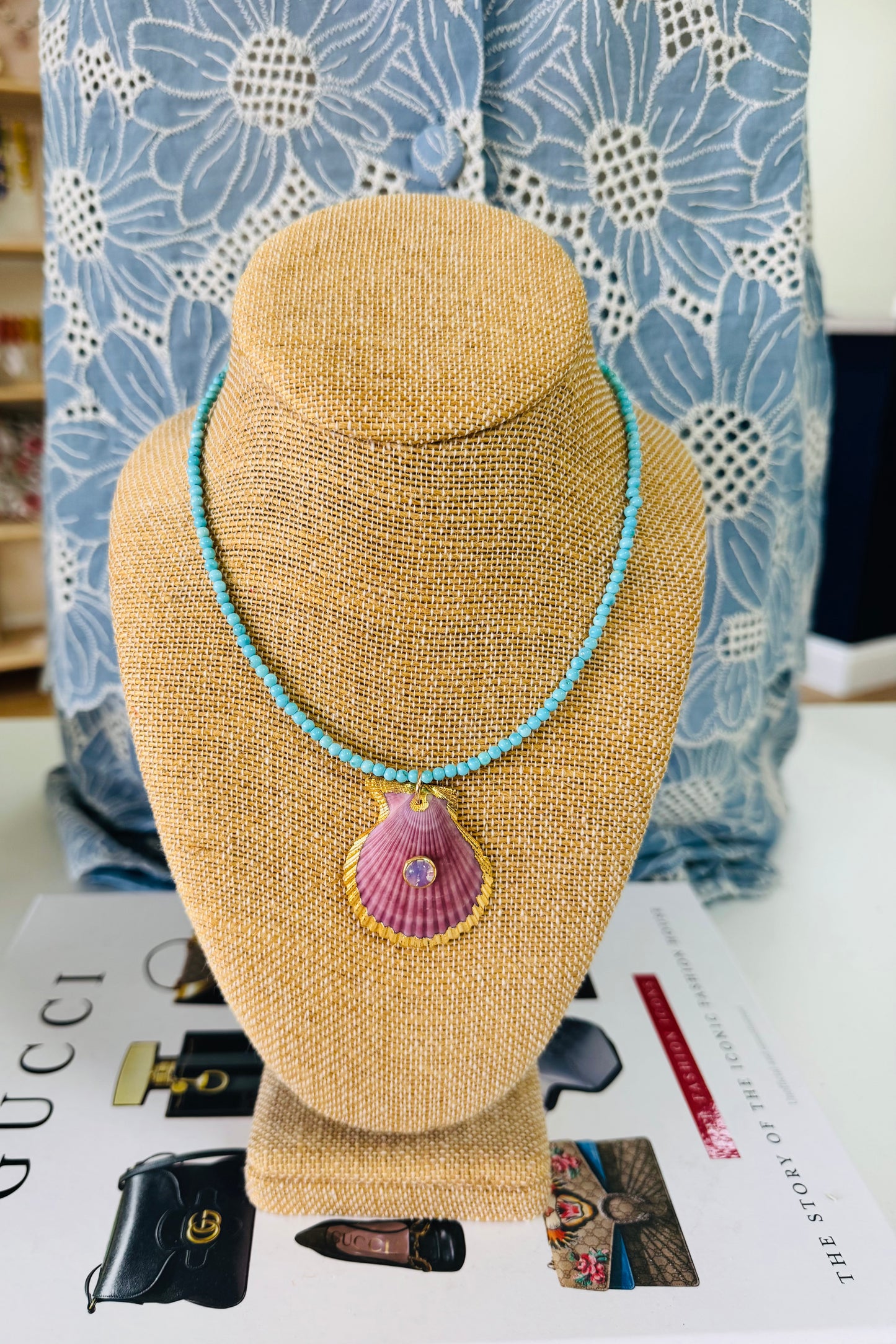 Turquoise Beaded Necklace with Gemstone & Shell Pendant by Southern Marc Designs for Southern Sunday Boutique in Naples, FL