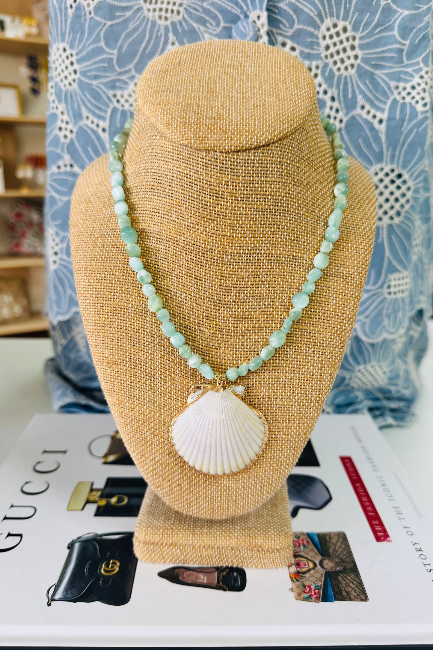 Pebble Angelite Necklace with Shell by Southern Marc Designs from Southern Sunday Boutique in Naples, FL
