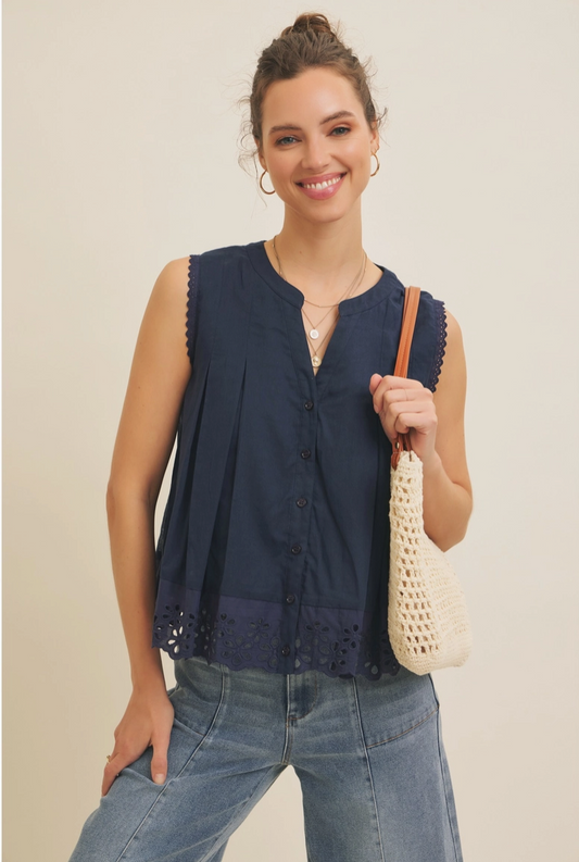 Navy Cotton Blouse with Eyelet and Pleat Details from Southern Sunday Boutique in Naples, FL