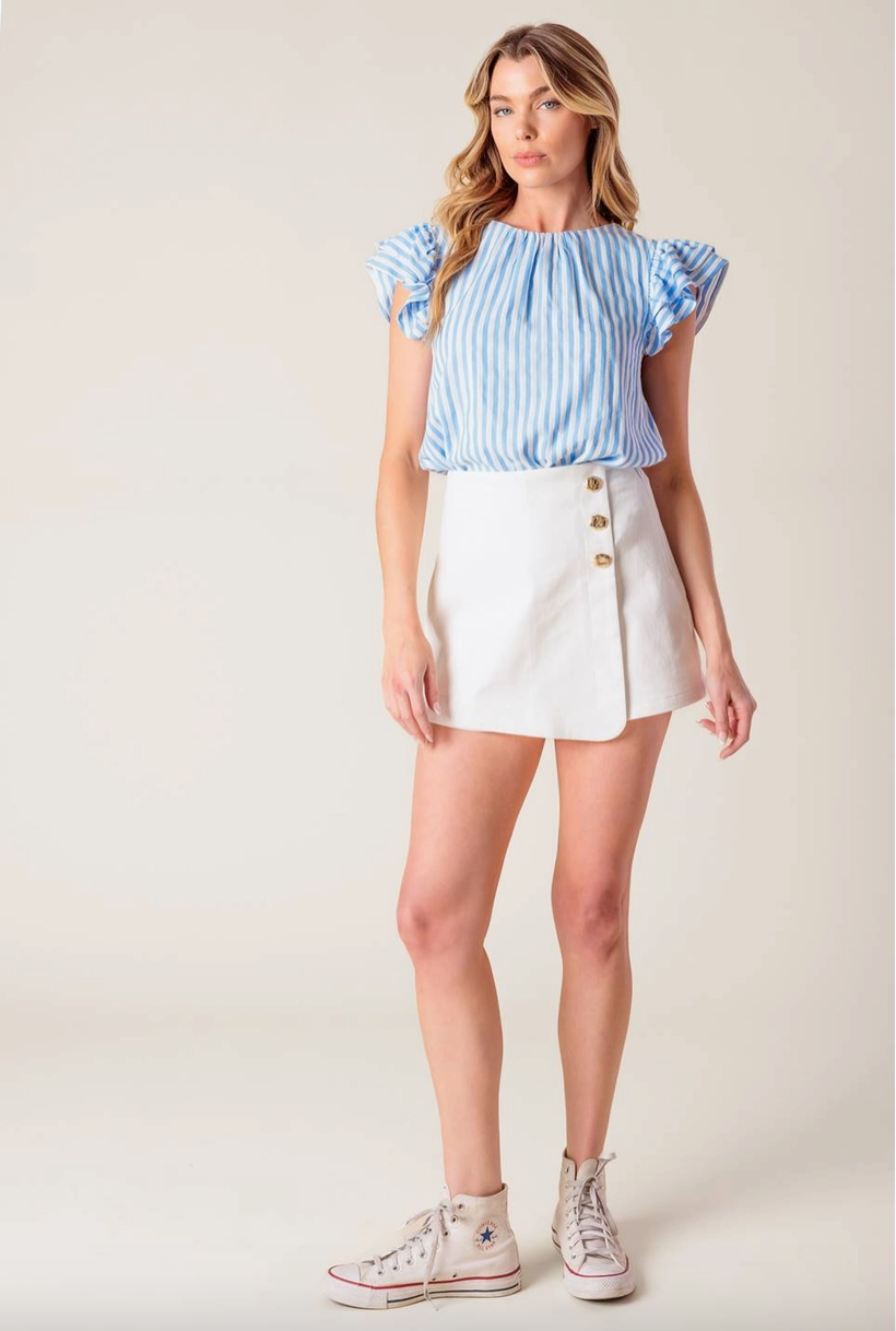 White Denim Skort with Gold Button Detail from Southern Sunday Boutique in Naples, FL