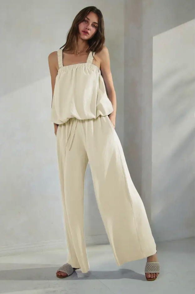 Ivory Bubble Hem Top & Wide Leg Pants Set from Southern Sunday Boutique in Naples, FL