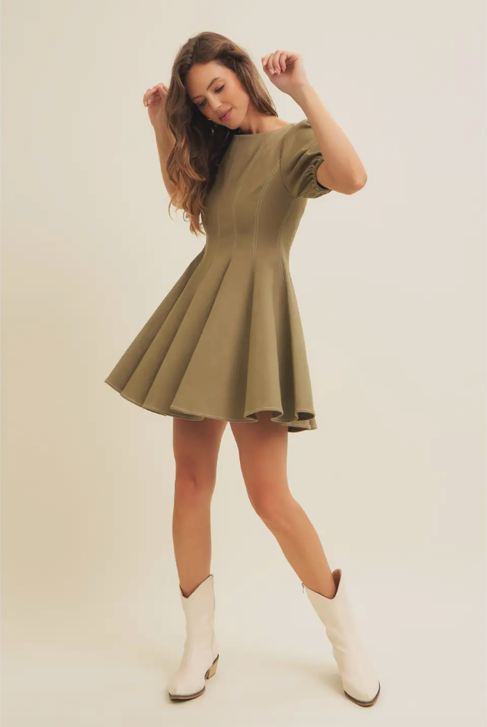 Olive Puff Sleeve Mini Dress for Fall Southern Sunday Olive Puff Sleeve Mini Dress for Fall Southern Sunday