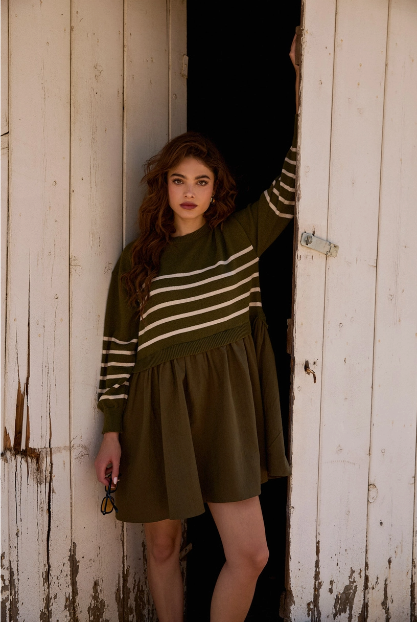 Olive Stripe Sweater Mix Mini Dress Fall Style Large Olive Stripe Sweater Mix Mini Dress Fall Style Large