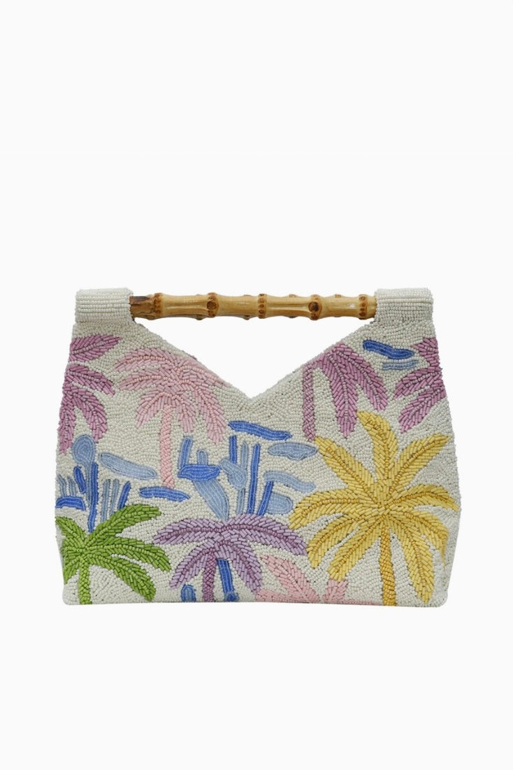 Pastel Palm Tree Beaded Clutch with Bamboo Handle