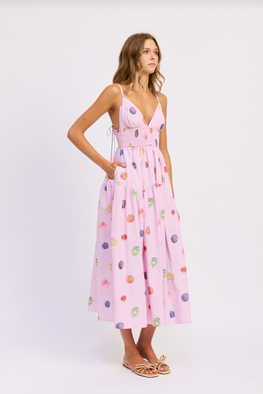 Fruit Medley Striped Midi Dress by En Saison at Southern Sunday Boutique in Naples, FL