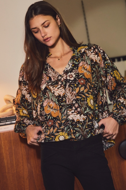 Black Floral Long Sleeve Blouse from Southern Sunday Boutique in Naples, FL