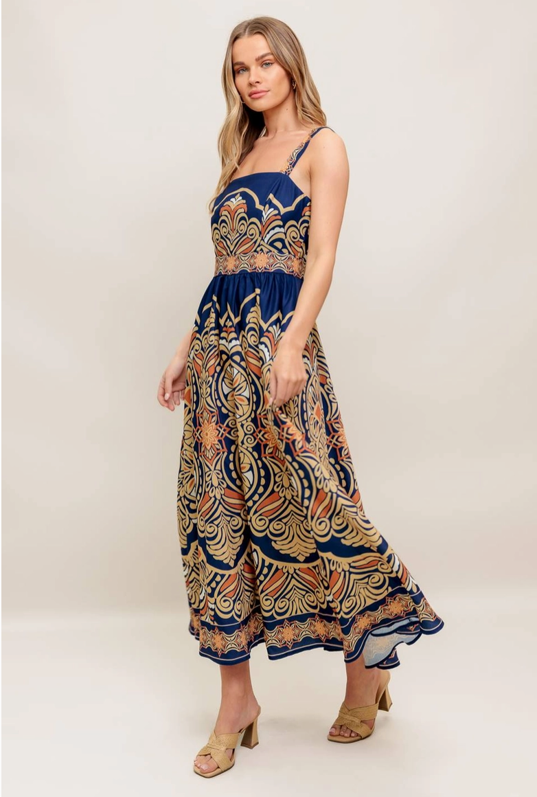 Navy Printed Midi Dress  Lightweight Standout Style  Southern Sunday