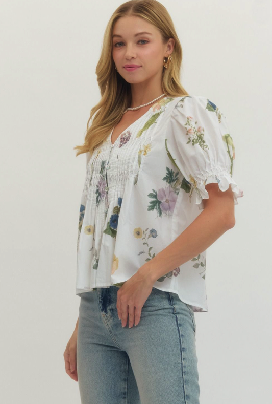 White Floral Pintuck Blouse from Southern Sunday Boutique in Naples, FL