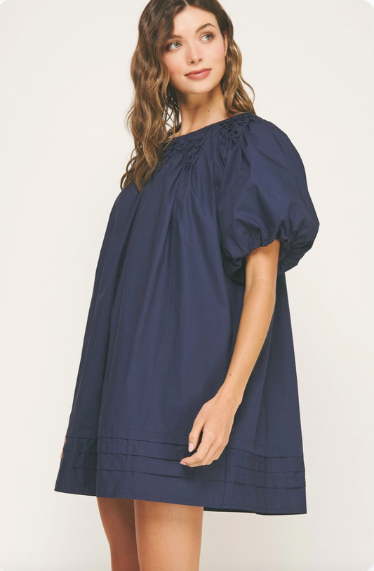 Navy Hand Smocked Poplin Mini Dress from Southern Sunday Boutique in Naples, FL