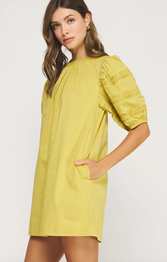 Chartreuse Pintuck Puff Sleeve Mini Dress from Southern Sunday Boutique in Naples, FL