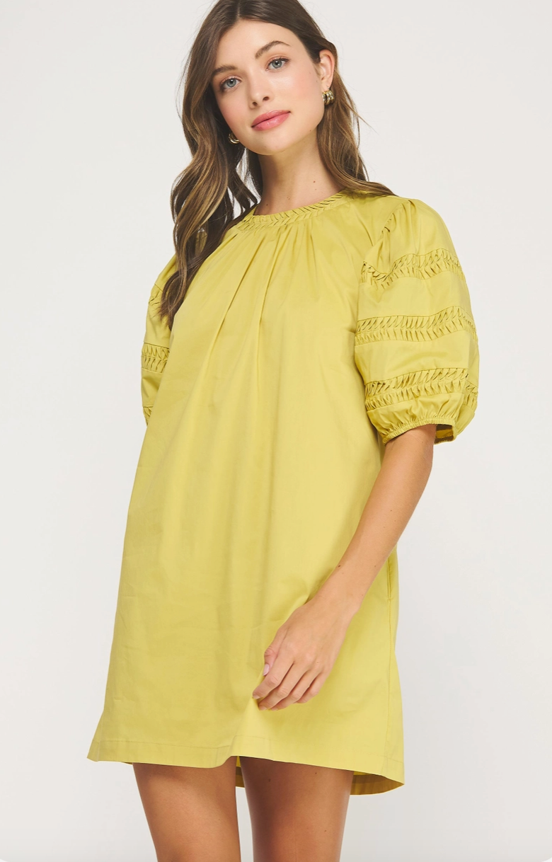 Chartreuse Pintuck Puff Sleeve Mini Dress from Southern Sunday Boutique in Naples, FL