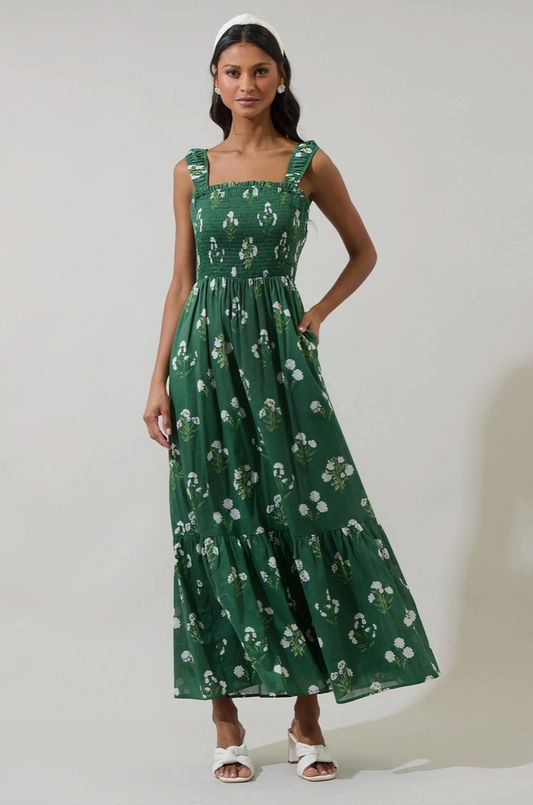Hunter Green Floral Smocked Maxi Dress from Southern Sunday Boutique in Naples, FL