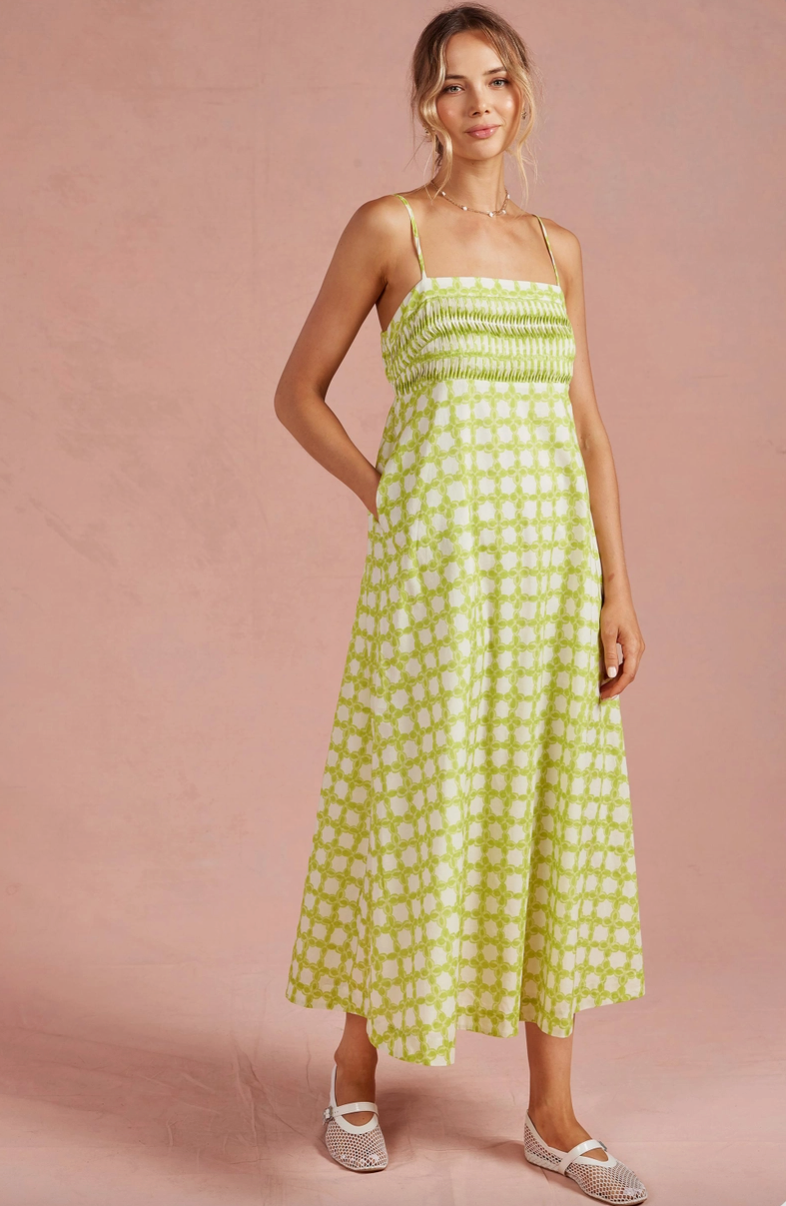 Chartreuse Chainlink Pintuck Midi Dress from Southern Sunday in Naples, FL