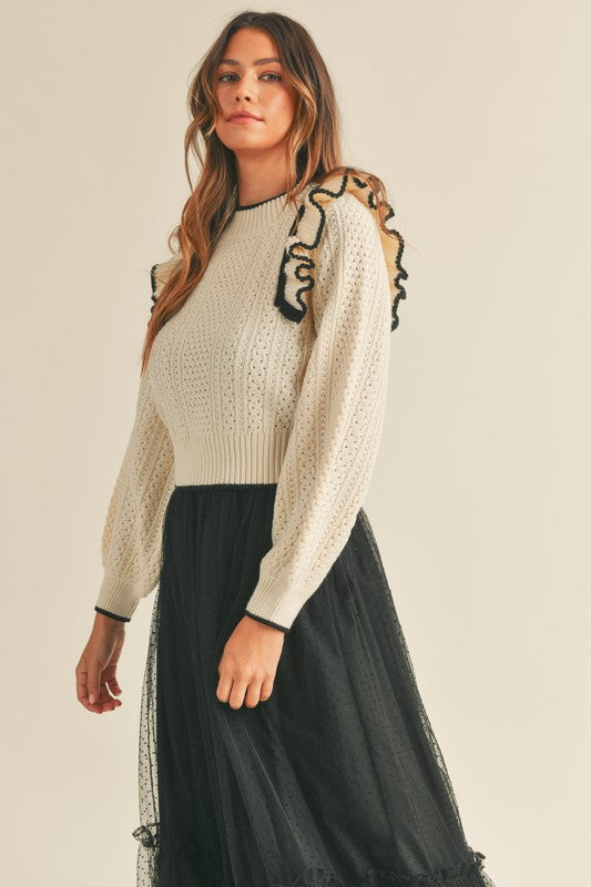 Ivory and Black Ruffle Shoulder Sweater from Southern Sunday