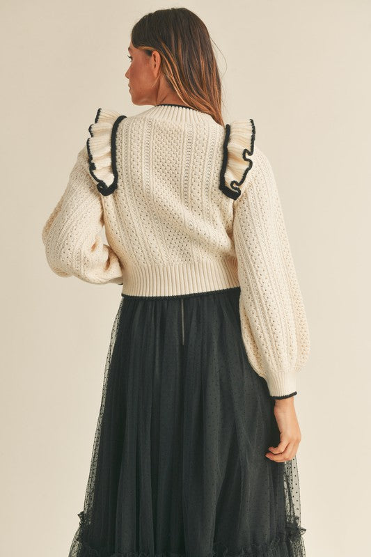 Ivory and Black Ruffle Shoulder Sweater from Southern Sunday