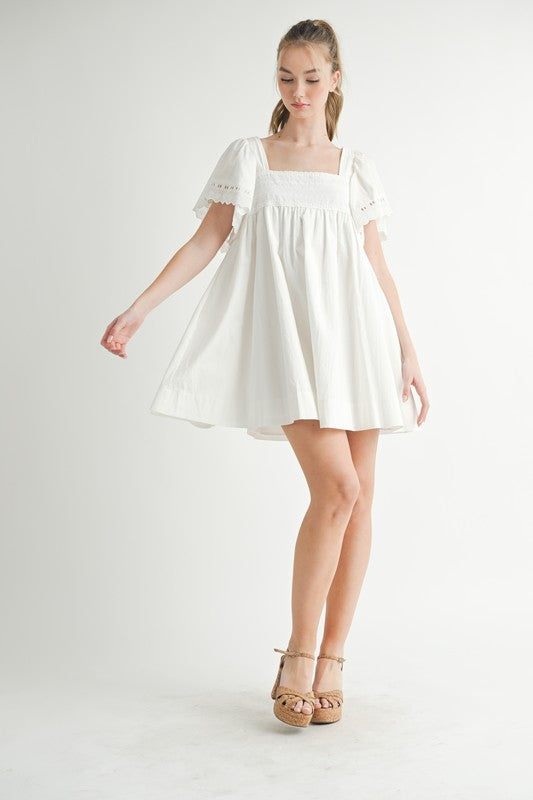 Eyelet Delicate White Dress Summer Off Shoulder Lace Up Mini Dress Fashion Lace Short Brunch Dress main image 0
