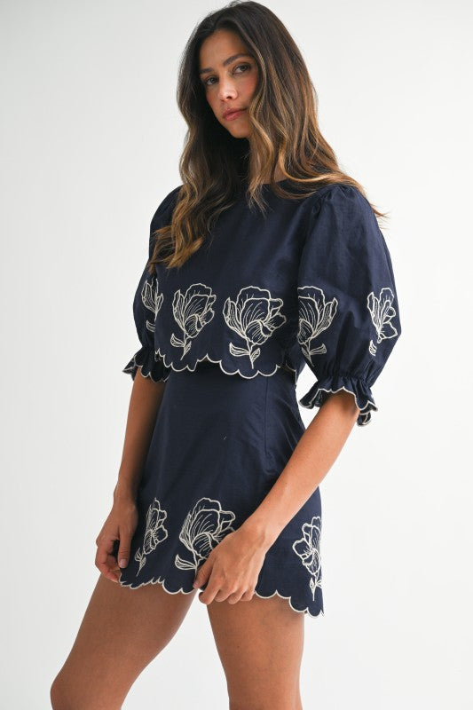 Navy Embroidered Crop Top & Mini Skirt Set from Southern Sunday Boutique in Naples, FL