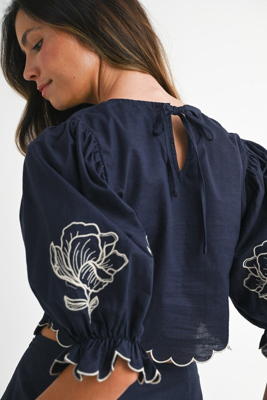 Navy Embroidered Crop Top & Mini Skirt Set from Southern Sunday Boutique in Naples, FL