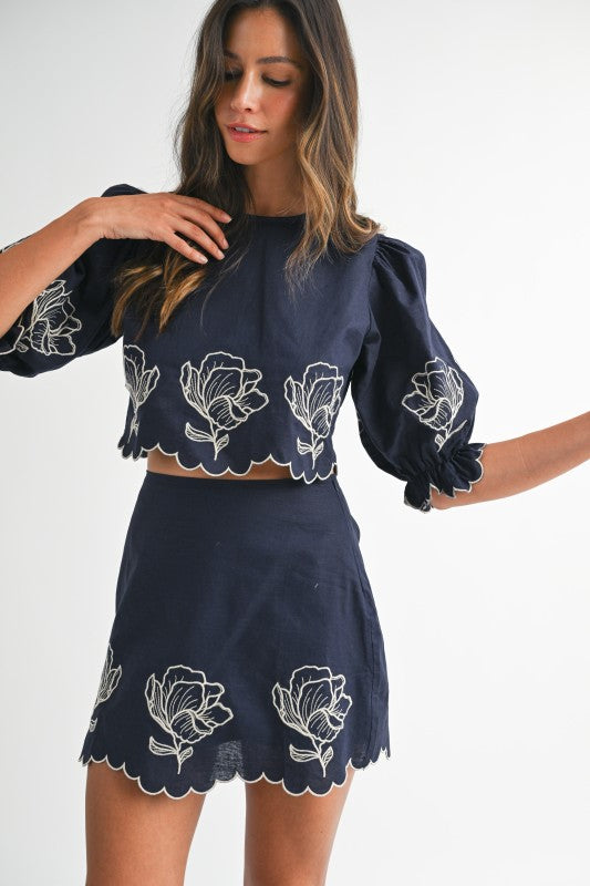 Navy Embroidered Crop Top & Mini Skirt Set from Southern Sunday Boutique in Naples, FL