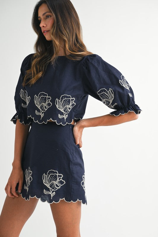 Navy Embroidered Crop Top & Mini Skirt Set from Southern Sunday Boutique in Naples, FL