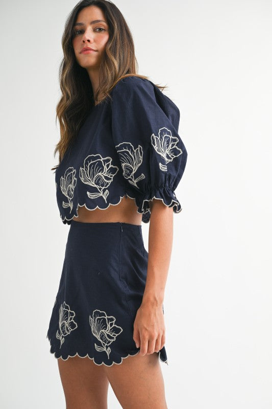Navy Embroidered Crop Top & Mini Skirt Set from Southern Sunday Boutique in Naples, FL