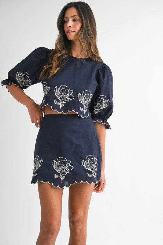 Navy Embroidered Crop Top & Mini Skirt Set from Southern Sunday Boutique in Naples, FL