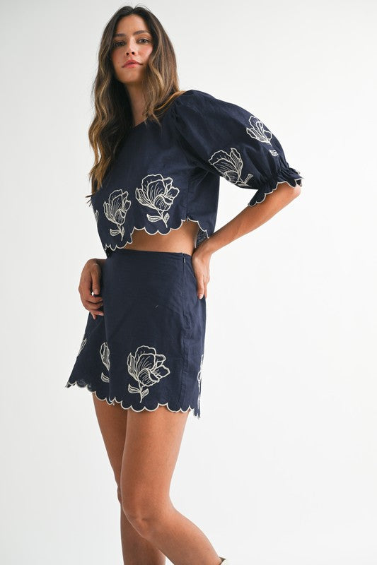 Navy Embroidered Crop Top & Mini Skirt Set from Southern Sunday Boutique in Naples, FL