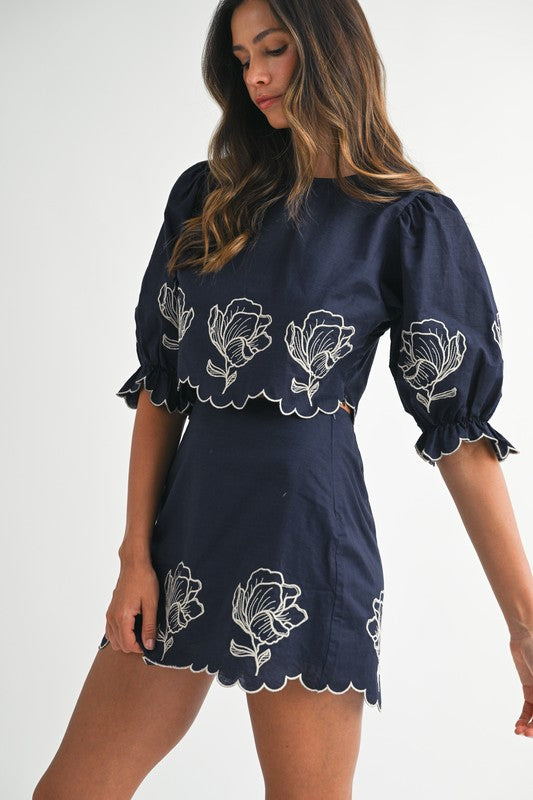 Navy Embroidered Crop Top & Mini Skirt Set from Southern Sunday Boutique in Naples, FL