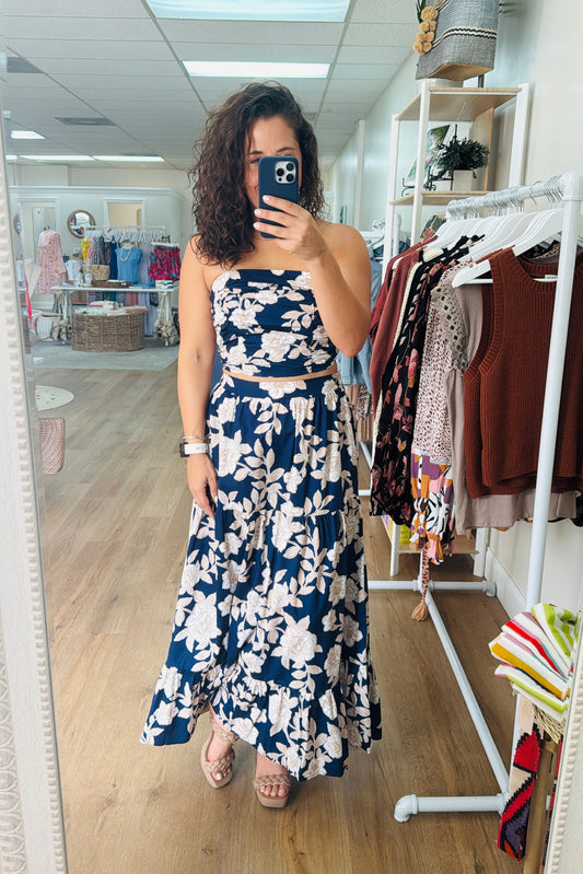 Navy Floral Tube Top and Maxi Skirt Set from Southern Sunday