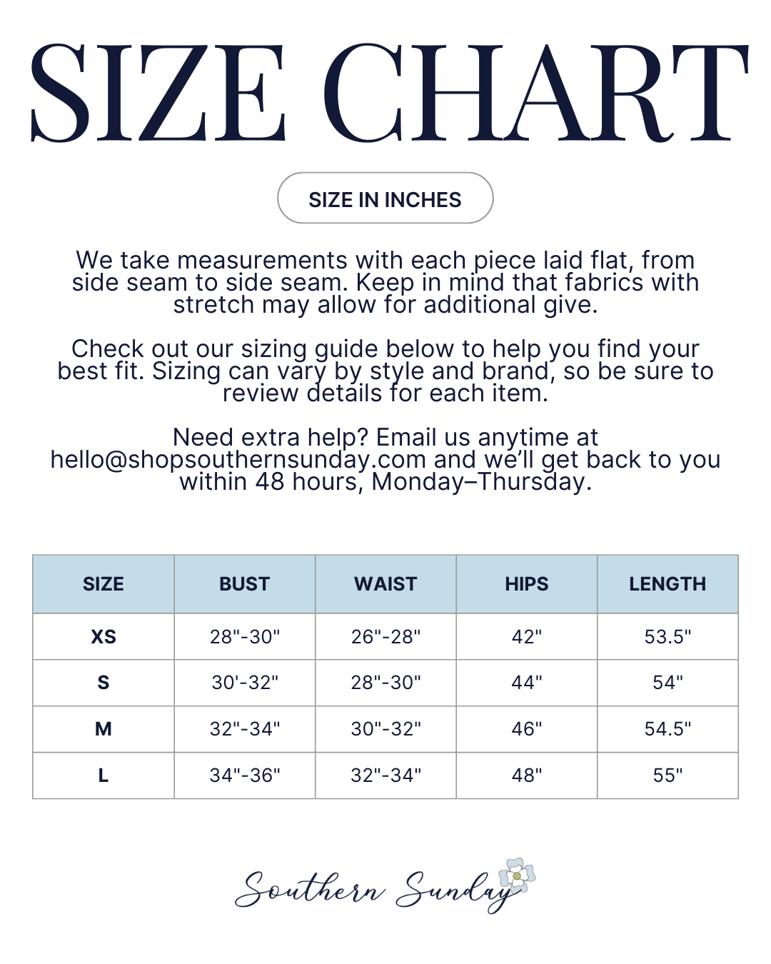 Size chart for the Gemma Maxi Dress by Prosperina at Southern Sunday Boutique in Naples, FL.