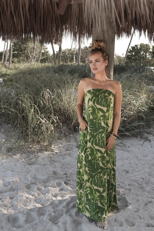 Strapless Palm Print Maxi Dress from Southern Sunday