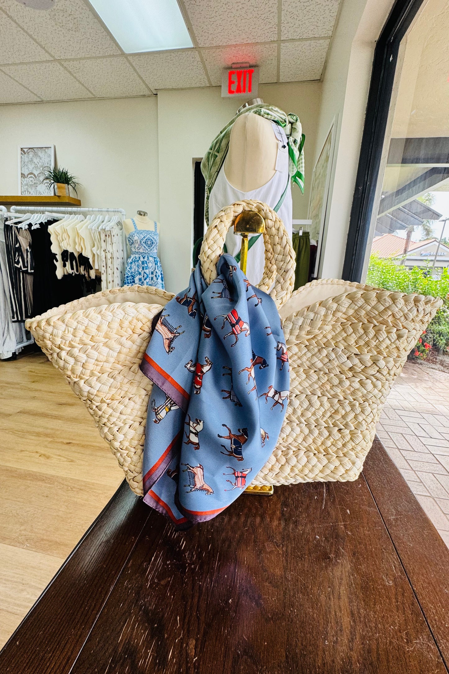 Blue Horse Satin Scarf from Southern Sunday Boutique in Naples, FL.