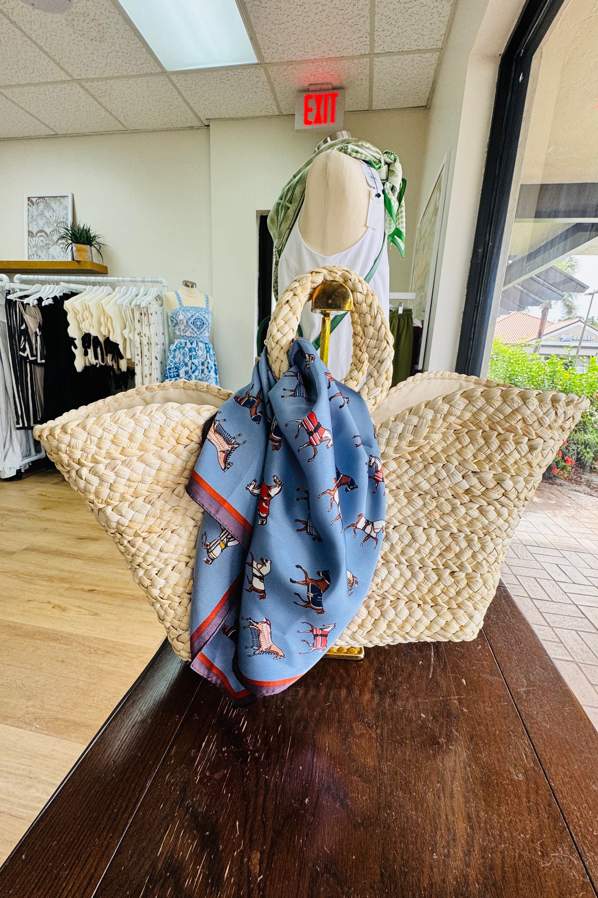 Blue Horse Satin Scarf from Southern Sunday Boutique in Naples, FL.