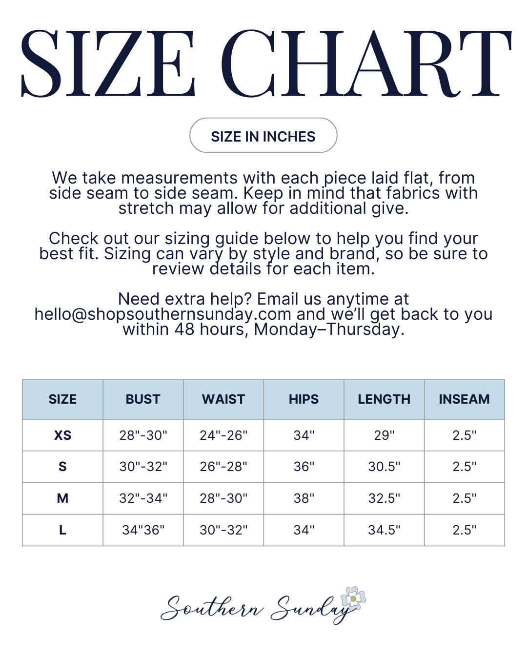Size chart for the Larson Romper by Prosperina at Southern Sunday Boutique in Naples, FL.