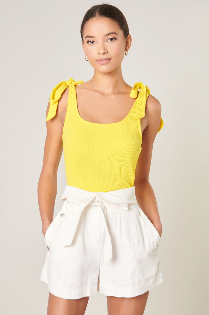 Yellow Ribbed Shoulder Tie Tank from Southern Sunday
