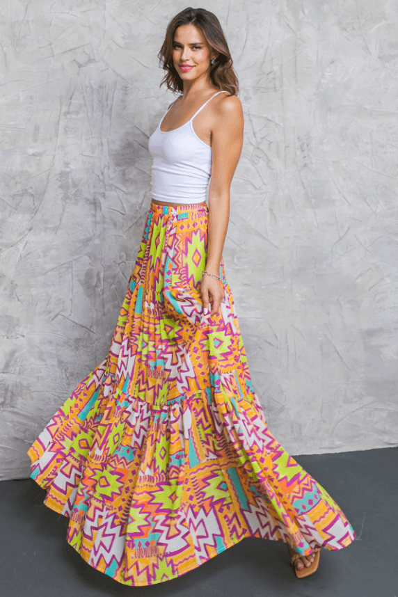 Orange Aztec Print Maxi Skirt Small