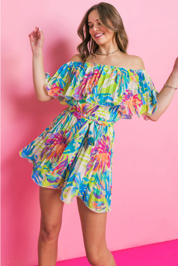 Tropical Print Pleated Romper from Southern Sunday.