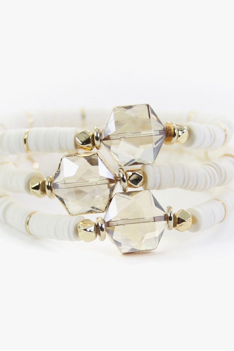 White & Gold Glass Bead Stretch Bracelet from Southern Sunday
