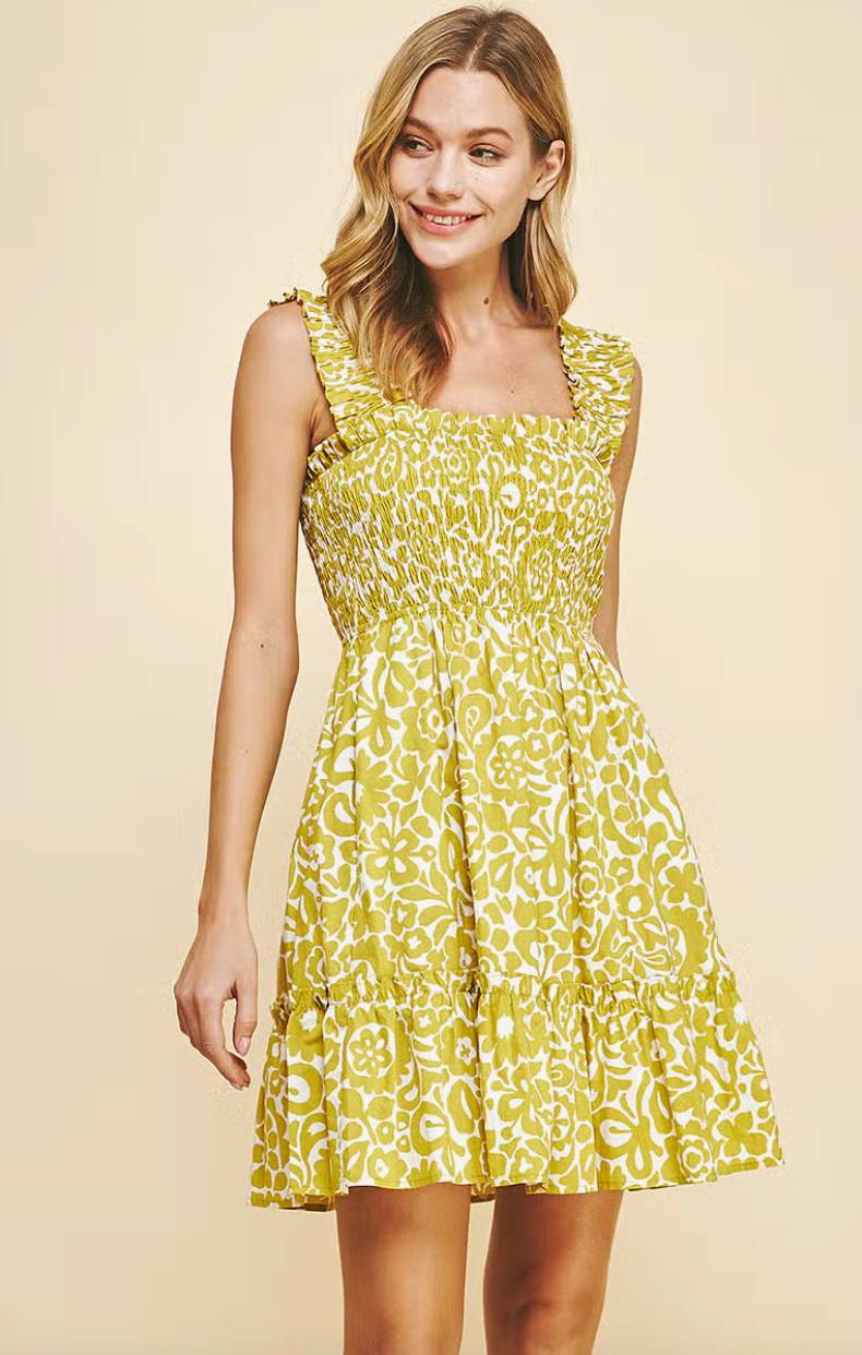 Lime Print Smocked Mini Dress from Southern Sunday