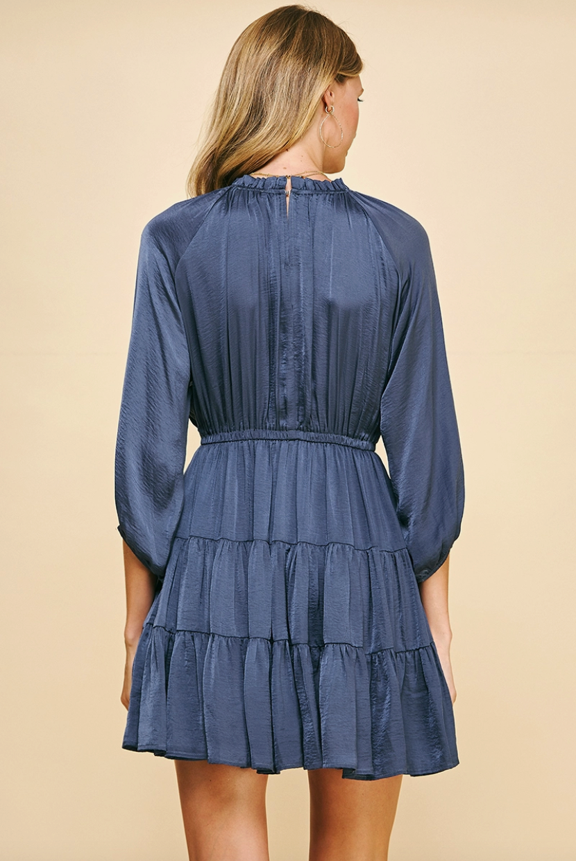 Navy Tiered Satin Mini Dress from Southern Sunday