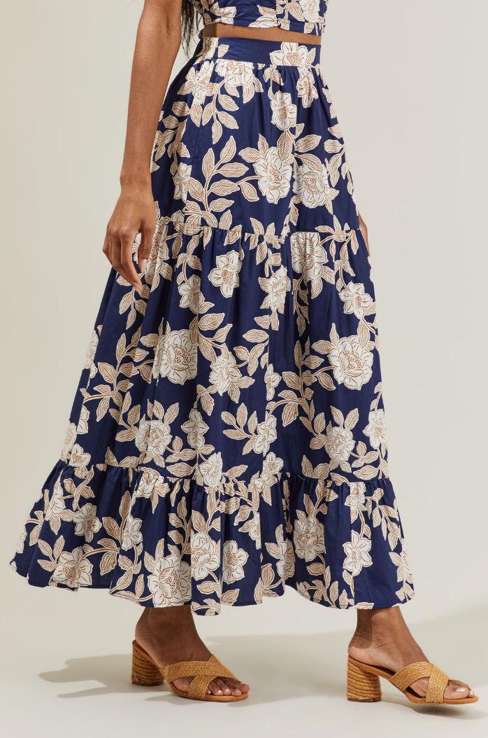 Navy Floral Ruffled Maxi Skirt from Southern Sunday