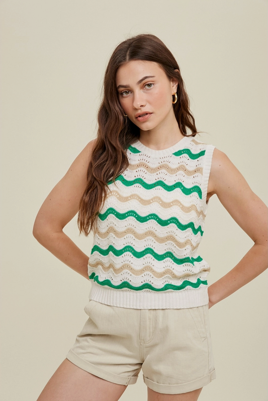 Green & Taupe Wavy Stripe Sweater Tank from Southern Sunday