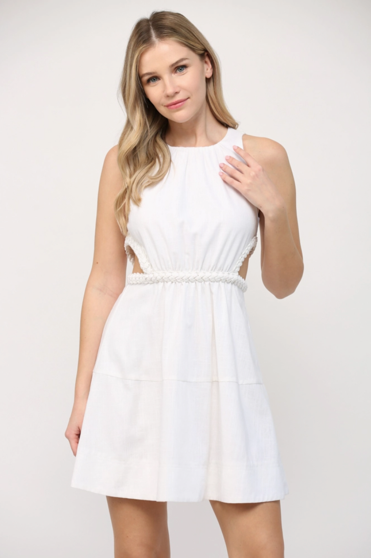 White Linen Braided Cut Out Dress