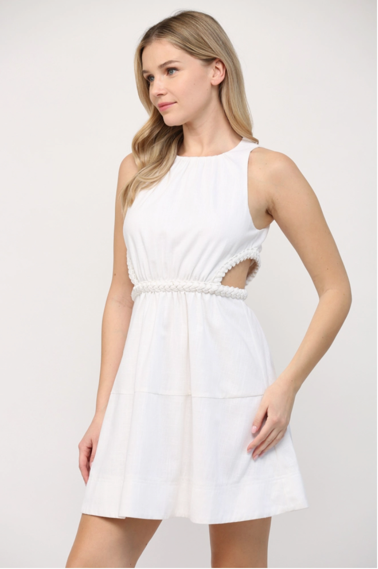 White Linen Braided Cut Out Dress