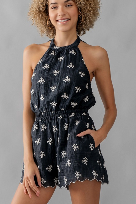 Dark Navy Embroidered Floral Romper from Southern Sunday