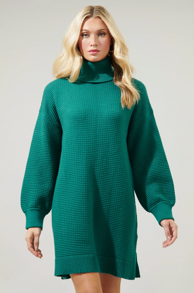 Emerald Waffle Knit Sweater Dress