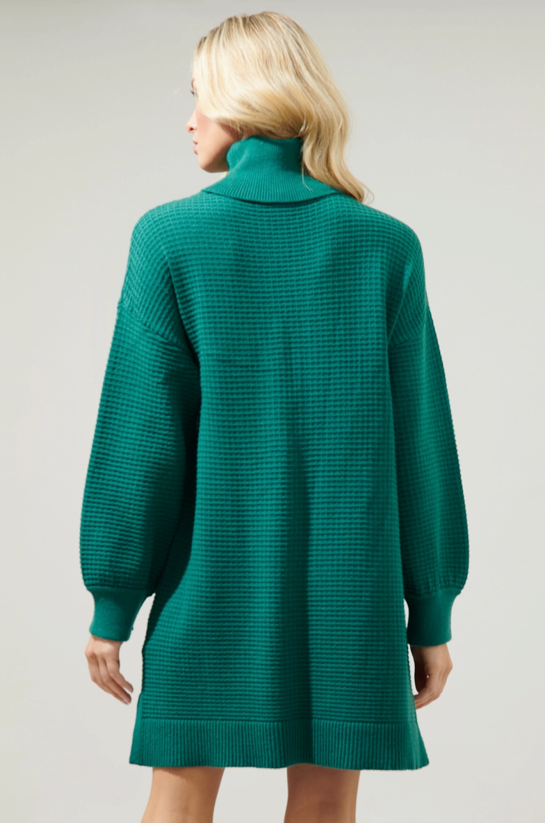 Emerald Waffle Knit Sweater Dress | Cozy & Oversized Turtleneck Medium Emerald Waffle Knit Sweater Dress | Cozy & Oversized Turtleneck Medium