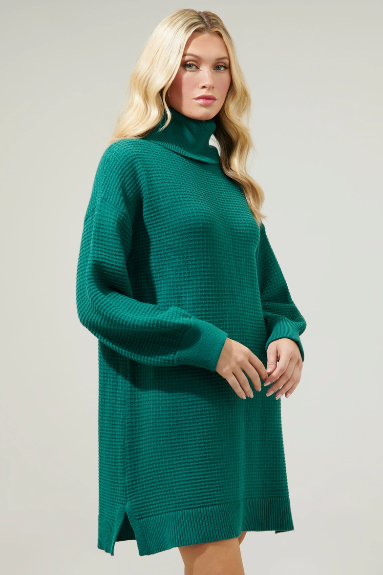 Emerald Waffle Knit Sweater Dress | Cozy & Oversized Turtleneck Extra Large Emerald Waffle Knit Sweater Dress | Cozy & Oversized Turtleneck Extra Large