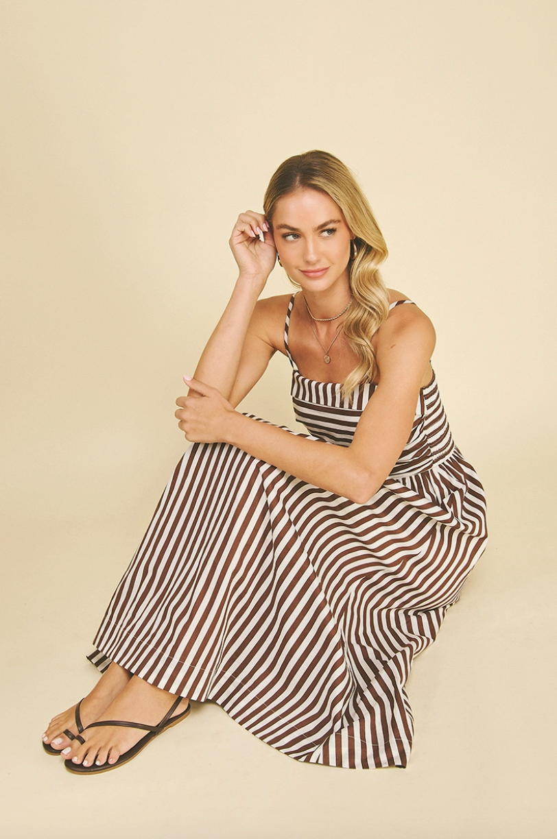 Chocolate & White Striped Midi Dress Classic Cotton Southern Sunday Chocolate & White Striped Midi Dress Classic Cotton Southern Sunday